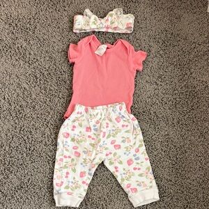 3 Piece Pink Baby Outfit with Floral Pants and Headband